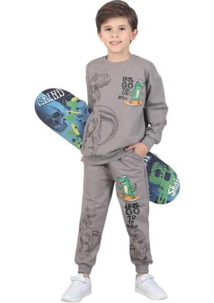 Erkek Çocuk Dinozor Baskılı Pijama Takımı Iki Iplik Eşofman Takımı Okul Ikili Takım