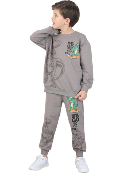 Erkek Çocuk Dinozor Baskılı Pijama Takımı Iki Iplik Eşofman Takımı Okul Ikili Takım