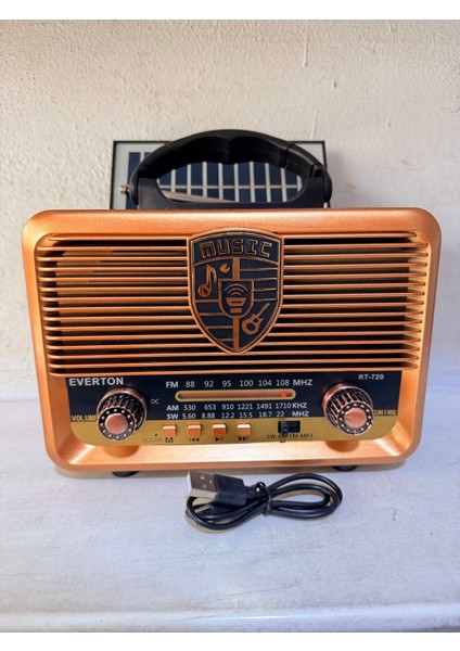 Güneş Enerjili Nostaljik Fm, Aux, USB Müzik Çalar Kahverengi