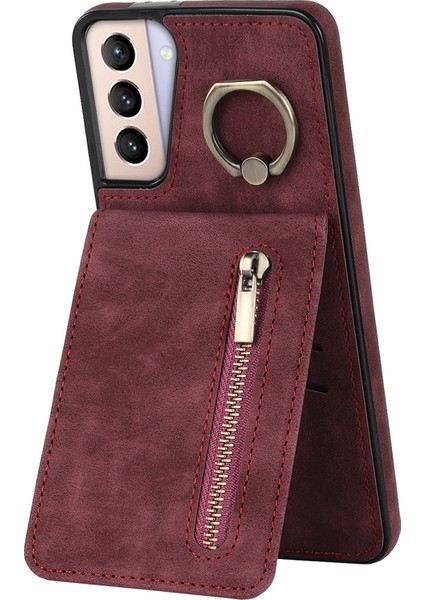 Samsung Galaxy S21+ 5g Kılıf Için Rfıd Engelleme Pu+ Kart Yuvalı Tpu Telefon Kapağı-Şarap Kırmızısı (Yurt Dışından)