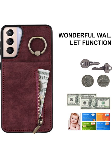 Samsung Galaxy S21+ 5g Kılıf Için Rfıd Engelleme Pu+ Kart Yuvalı Tpu Telefon Kapağı-Şarap Kırmızısı (Yurt Dışından) fırsatları