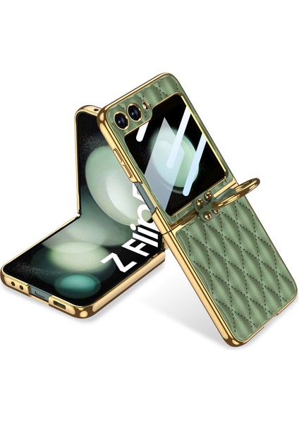 Samsung Galaxy Z Flip5 5g Eşkenar Dörtgen Desenli Sert Pc + Pu Telefon Kapağı Metal Halka Çubuğu Kılıfı Küçük Ekranlı Film-Açık Yeşil (Yurt Dışından)