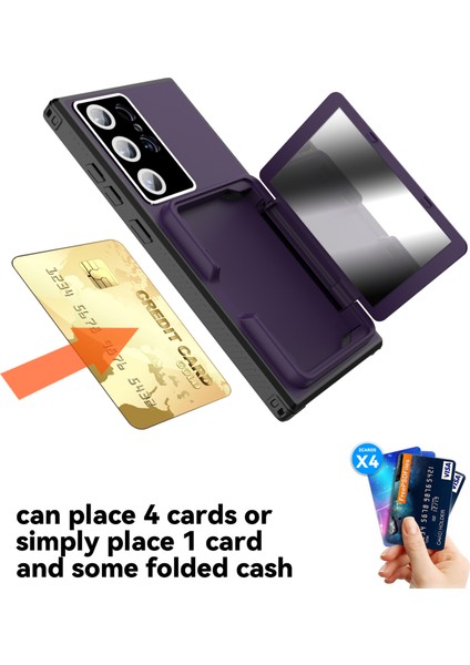 Samsung Galaxy S24 Ultra Kılıf Pc+Tpu Kart Yuvası Telefon Kapağı Dahili Makyaj Aynası-Koyu Mor+Siyah (Yurt Dışından) fiyatları