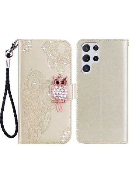 Baykuş Çiçek Deseni Baskılı Deri Cüzdan Kılıfı Samsung Galaxy S22 Ultra 5g-Gold Için Kayış ile Flip Rhinestone Dekor Telefon Kapağı (Yurt Dışından)