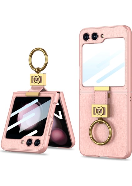 Samsung Galaxy Z Flip5 5g Ince Telefon Kapağı Sert Pc + Pu Metal Z Harf Kickstand Kılıfı Küçük Ekran Filmi-Pembe (Yurt Dışından)