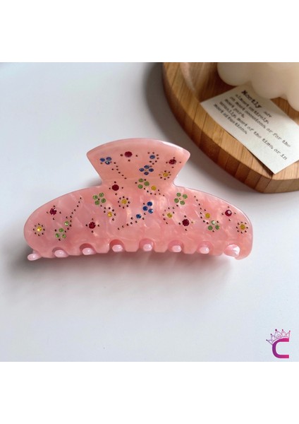 Özel Tasarım Çiçekli Işlemeli Taşlı Asetat Kemik Mandal Toka 10 cm - Kadın Hediyesi Saç Topuz Tokası