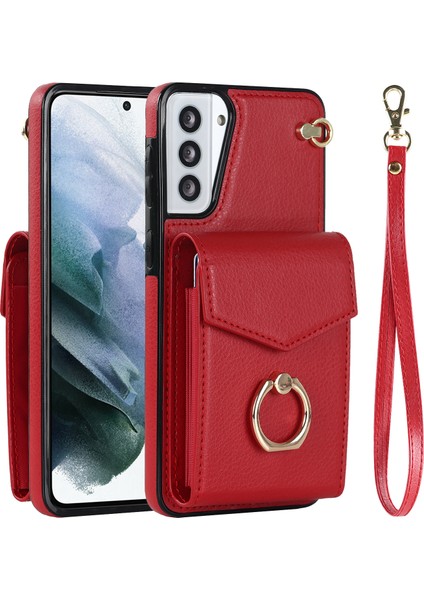 Samsung Galaxy S21+ 5g Pu+ Tpu Kapak Akordeon Kart Çantası Askılı Cep Telefonu Kılıfı-Kırmızı (Yurt Dışından)