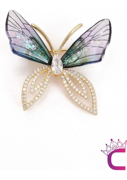 Mavi Degrade Kanatlı Taşlı Kelebek Broş - Kelebekli Hediyelik Elbise Ceket Kadın Yaka Iğnesi Broş