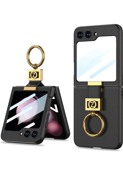 Samsung Galaxy Z Flip5 5g Ince Telefon Kapağı Sert Pc + Pu Metal Z Harf Kickstand Kılıfı Küçük Ekranlı Film-Siyah (Yurt Dışından)