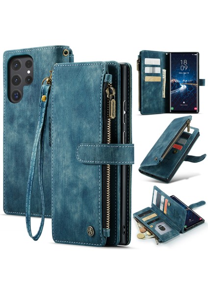 Samsung Galaxy S24 Ultra Kılıf 10 Kart Yuvaları Telefon Kapağı Fermuar Nakit Cep-Mavi (Yurt Dışından)