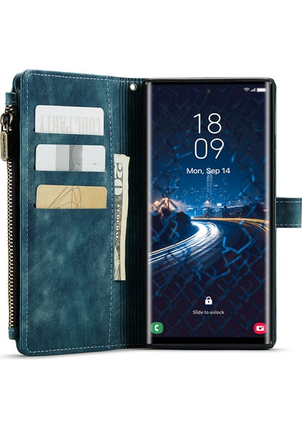 Samsung Galaxy S24 Ultra Kılıf 10 Kart Yuvaları Telefon Kapağı Fermuar Nakit Cep-Mavi (Yurt Dışından) modelleri