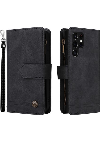 Baskı Stripes Pu Deri Deri Şok Geçirmez Telefon Kapağı Fermuarı Cep Çok Kart Yuvaları Samsung Galaxy S22 Ultra 5g-Black Için Koruyucu Kılıf (Yurt Dışından)