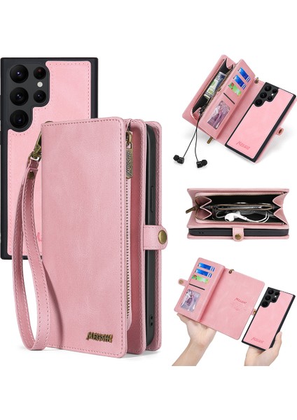 Samsung Galaxy S24 Ultra Kılıf Fermuarlı Cüzdan Çıkarılabilir Letaher Telefon Çantası-Pembe Altın (Yurt Dışından)