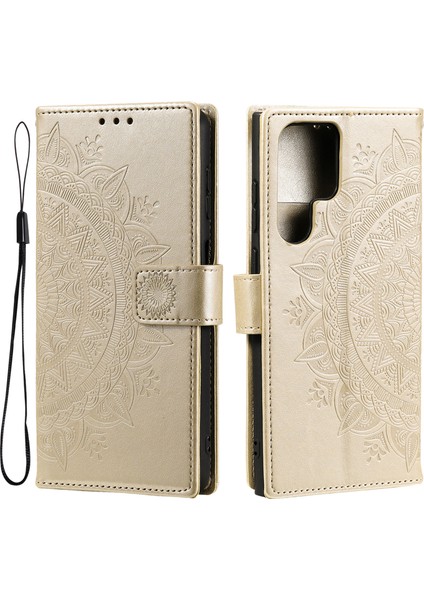 Manyetik Toka Baskı Mandala Çiçek Deri Kabuk Telefon Cüzdan Stand Samsung Galaxy S22 Ultra 5g-Gold Için Kayış (Yurt Dışından)