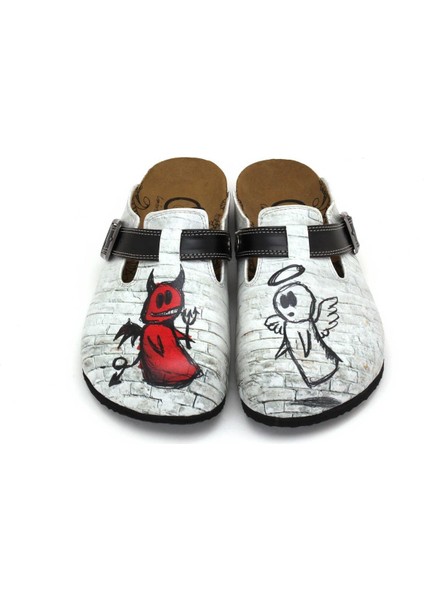 G251 Hayalet Desen Baskılı Burnu Kapalı Gri Sabo Kadın Terlik