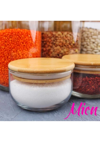 Bambu Kapaklı Cam Saklama Kabı Seti, Baharatlık ve Kahvaltılık 6'lı 380 ml