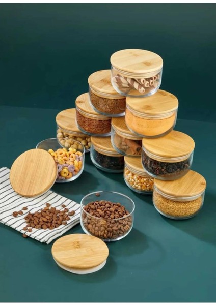 Bambu Kapaklı Cam Saklama Kabı Seti, Baharatlık ve Kahvaltılık 6'lı 380 ml fırsatları