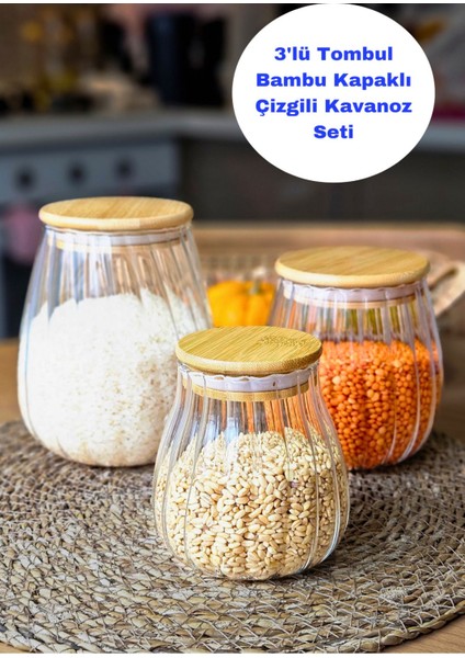 3'lü Tombul Cam Kavanoz Seti, Bambu Kapaklı, Çizgili Tasarım, Şeffaf ve Şık Kullanım