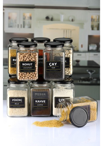 12'li Siyah Kapaklı 850CC Köşeli Cam Baharat ve Bakliyat Kavanozu Seti