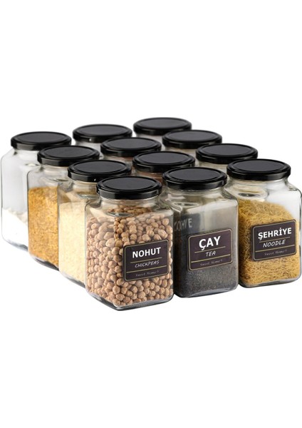 12'li Siyah Kapaklı 850CC Köşeli Cam Baharat ve Bakliyat Kavanozu Seti fiyatları