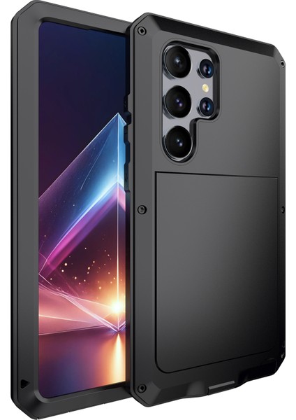 Samsung Galaxy S24 Ultra Kılıf Temperli Cam Filmi Silikon+Metal Telefon Kapağı-Siyah (Yurt Dışından)