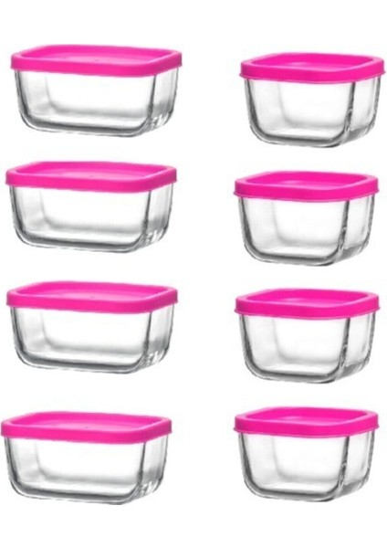 Pembe Saklama Kabı Seti, Kahvaltılık, Kapaklı, 8 Parça, Çeşitli Boyutlar
