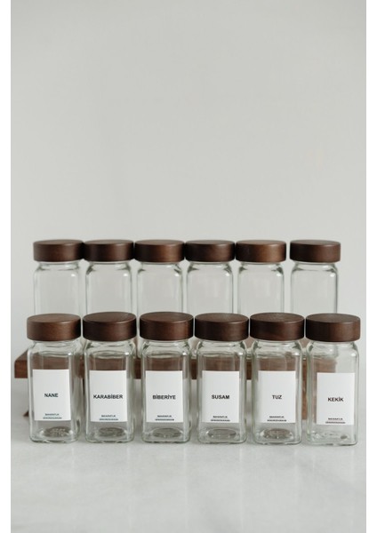 12'li Akasya Kapaklı Baharatlık Seti, 25 Etiketli, Şık ve Kullanışlı Mutfak Gereci.