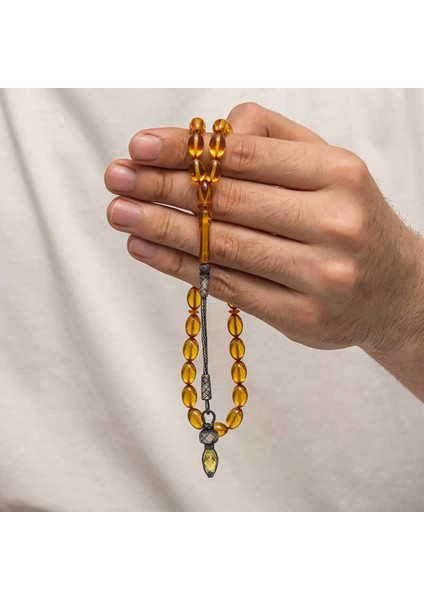 Gümüş 1000 Ayar Kazaz Püsküllü Sıkma Kehribar Tesbih