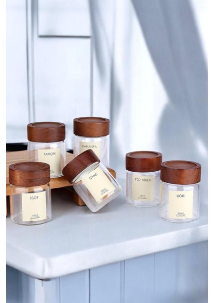 Cam Baharatlık Seti, 25 Etiketli Şık Saklama Kabı, Akasya Kapaklı, Pratik Kullanım.