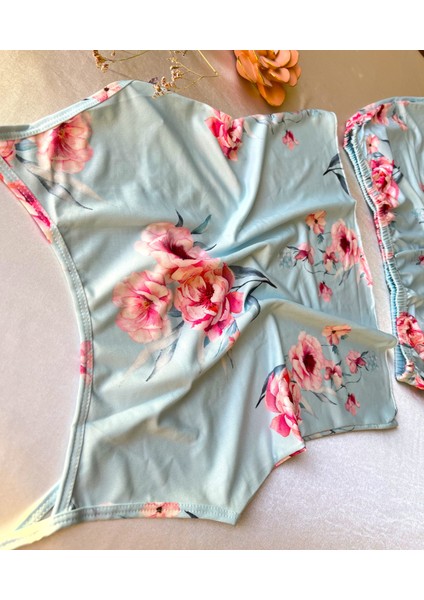 Likralı Şortlu Çiçekli Mavi Pijama Takımı modelleri