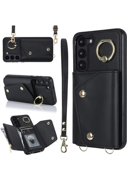 Samsung Galaxy S24 Için Crossbody Telefon Kılıfı Kabuk Yüzük Kickstand Pu Deri Kaplamalı Tpu Kapak-Siyah (Yurt Dışından)
