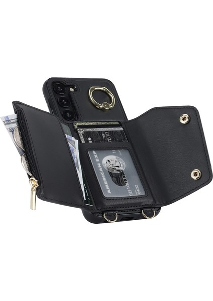 Samsung Galaxy S24 Için Crossbody Telefon Kılıfı Kabuk Yüzük Kickstand Pu Deri Kaplamalı Tpu Kapak-Siyah (Yurt Dışından) modelleri