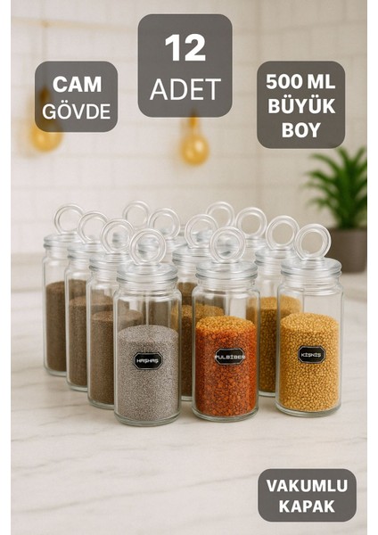 12'li Büyük Boy Cam Baharatlık Seti, Vakumlu Kapaklar, 500 ml Kapasite