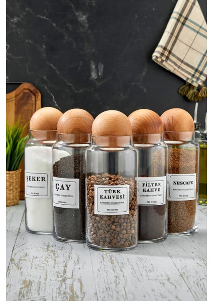 5'li Renkli Ahşap Kapaklı 1300 ml Saklama Kavanoz Seti