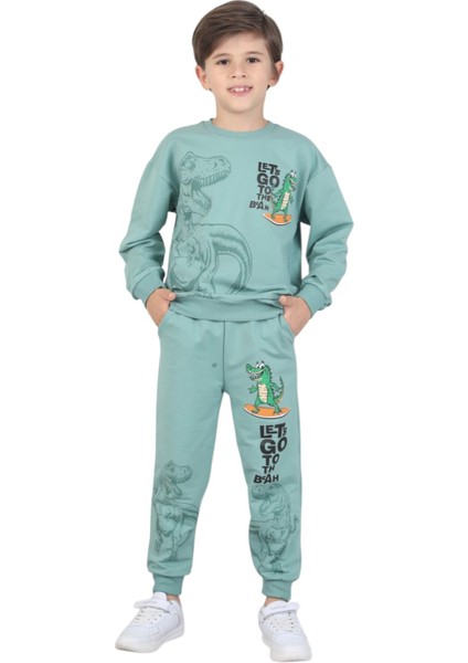 Erkek Çocuk Dinozor Baskılı Pijama Takımı Iki Iplik Eşofman Takımı Okul Ikili Takım