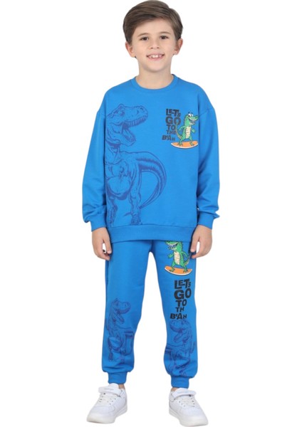 Erkek Çocuk Dinozor Baskılı Pijama Takımı Iki Iplik Eşofman Takımı Okul Ikili Takım
