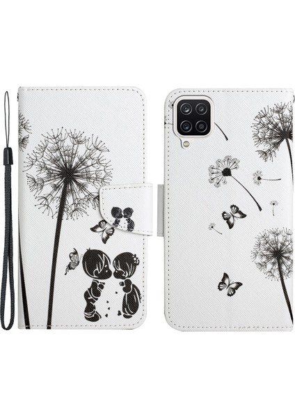 Çapraz Doku Deseni Baskı Pu Deri Koruyucu Telefon Kapak Kılıfı Samsung Galaxy A12-DANDELION Için Stand Cüzdanı (Yurt Dışından)
