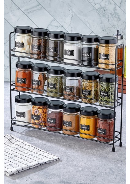 3 Katlı Büyük Standlı 18 Li Yuvarlak Cam Baharat Takımı, Şık ve Kullanışlı Set