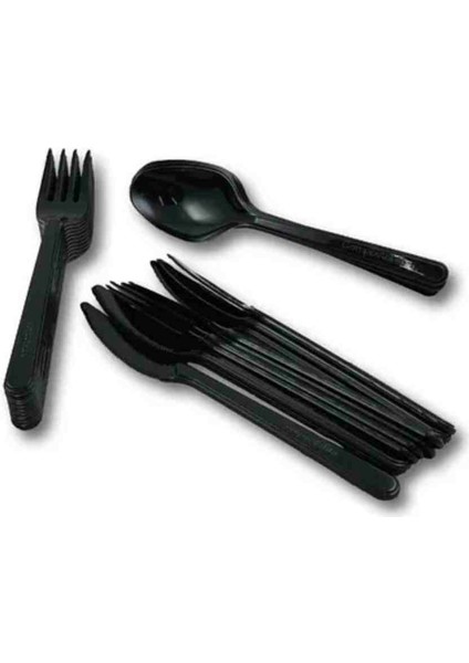 Sert Kalın Plastik Çatal - Bıçak - Kaşık Kaliteli Lüks Siyah Çatal - Kaşık - Bıçak 3’lü Set 100 Adet