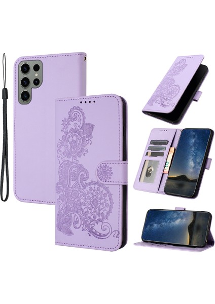 Samsung Galaxy S24 Ultra Telefon Kılıfı Çiçek Desenli Baskılı Deri Kılıf-Mor (Yurt Dışından)