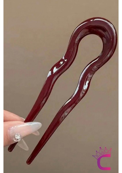 Bordo Geometrik Tasarım Asetat Kadın Saç Topuz Tokası 12.5 cm - Çubuk Toka Saç Çubuğu Aksesuar