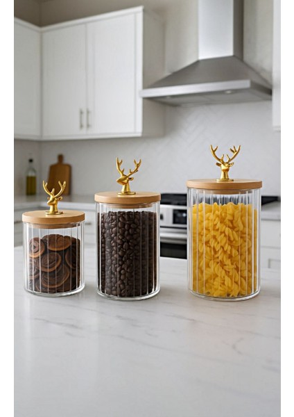 3'lü Borosilikat Cam Geyik Figürlü Şık Çizgili Kavanoz Seti 500, 750, 1000 ml