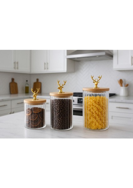 3'lü Borosilikat Cam Geyik Figürlü Şık Çizgili Kavanoz Seti 500, 750, 1000 ml indirimleri