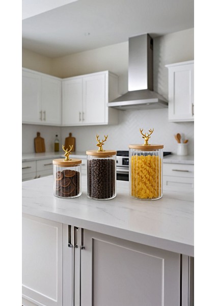 3'lü Borosilikat Cam Geyik Figürlü Şık Çizgili Kavanoz Seti 500, 750, 1000 ml