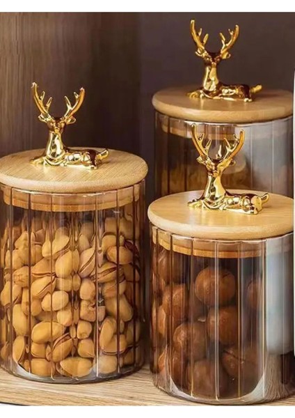 3'lü Borosilikat Cam Geyik Figürlü Şık Çizgili Kavanoz Seti 500, 750, 1000 ml