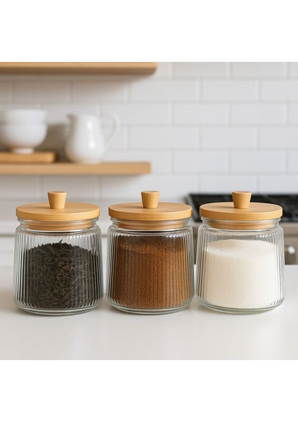 3’lü Bambu Kapaklı Çizgili Cam Saklama Kavanozu 800 Ml, Şık ve Kullanışlı Set