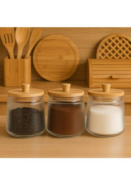 3’lü Bambu Kapaklı Çizgili Cam Saklama Kavanozu 800 Ml, Şık ve Kullanışlı Set fiyatları
