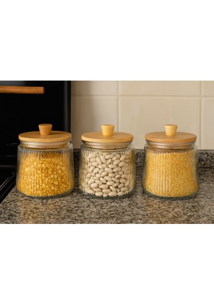 3’lü Bambu Kapaklı Çizgili Cam Saklama Kavanozu 800 Ml, Şık ve Kullanışlı Set modelleri