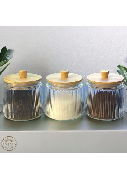 3’lü Bambu Kapaklı Çizgili Cam Saklama Kavanozu 800 Ml, Şık ve Kullanışlı Set fırsatları