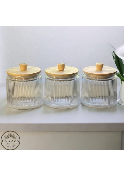 3’lü Bambu Kapaklı Çizgili Cam Saklama Kavanozu 800 Ml, Şık ve Kullanışlı Set